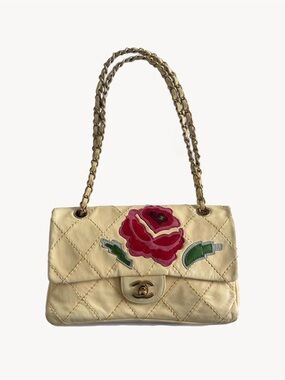 CHANEL rare Gold Quilted Shoulder Bag with Red Rose Appliqué